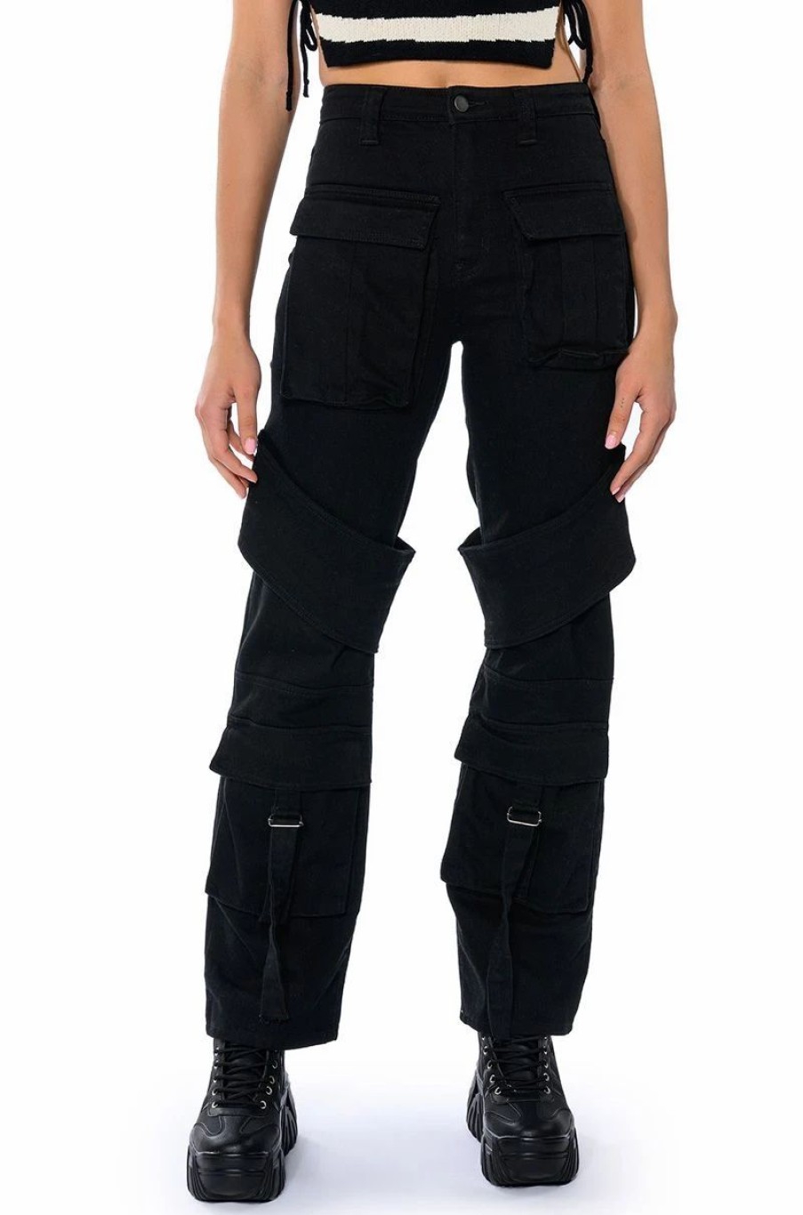 Denim * | Too Cool Cargo High Waisted Jeans Black