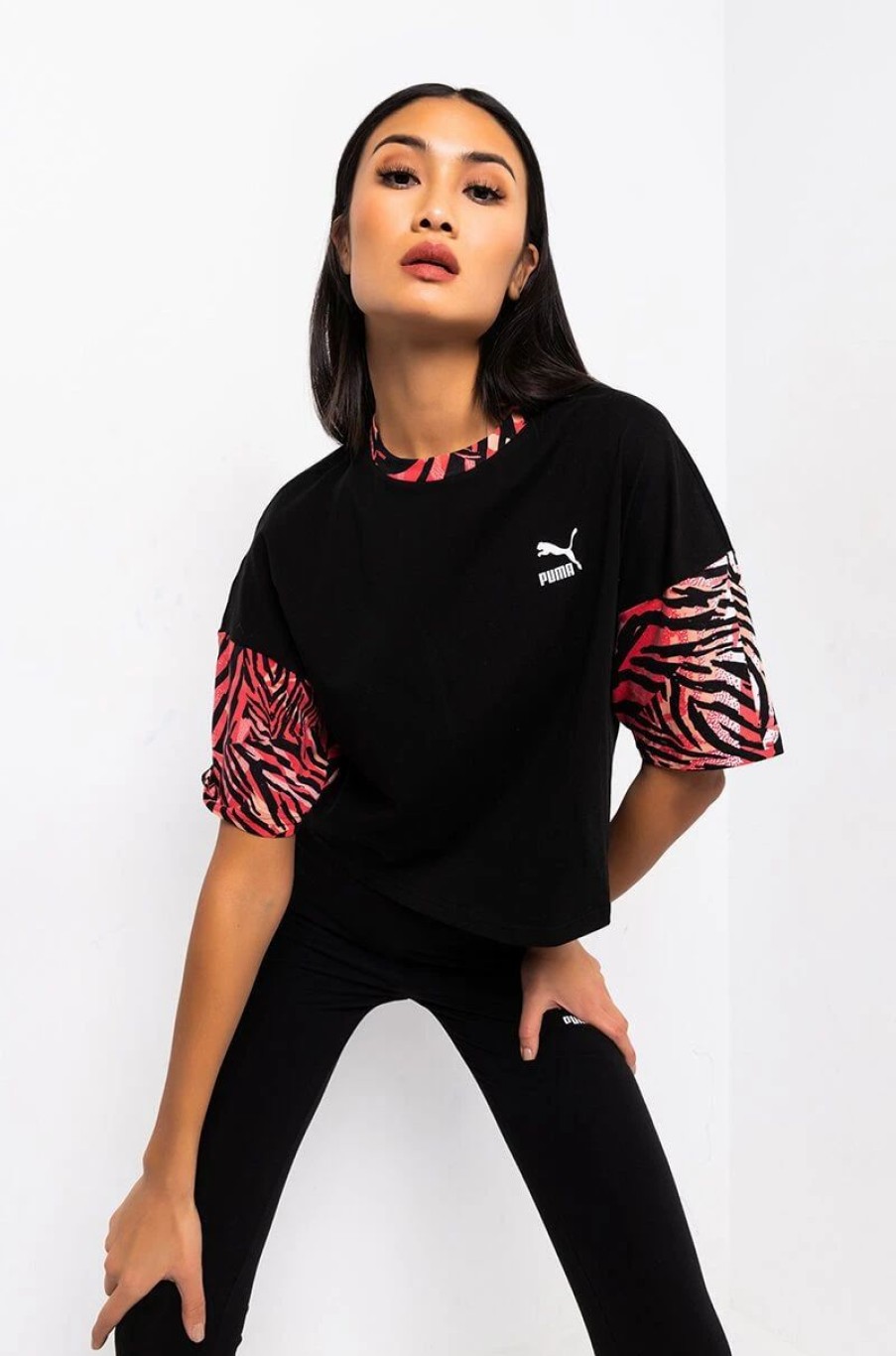 Crop Tops & Bralettes * | Puma Zebra Sleeve Boyfriend Crop Tee Black Multi