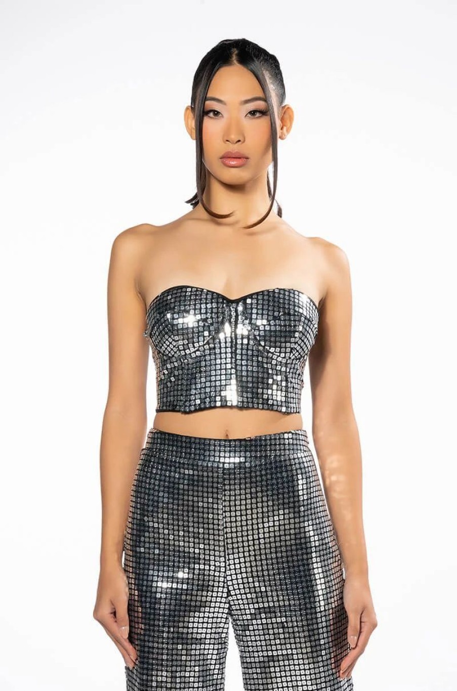 Crop Tops & Bralettes * | Queen Sequin Corset Silver