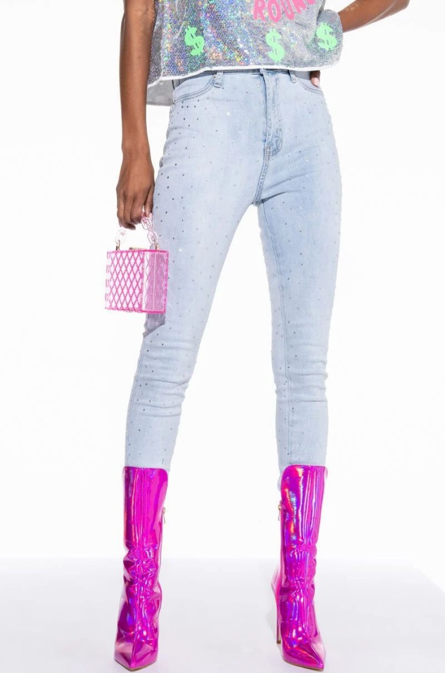 Denim * | Extreme Stretch High Waisted Skinny Jeans With Rhinestones