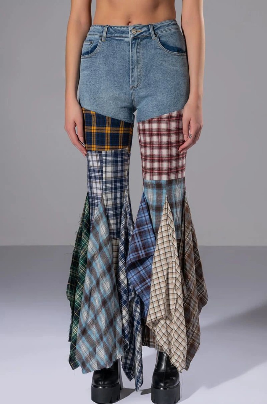 Denim * | Alexa Plaid Patchwork Flared Jeans Multi