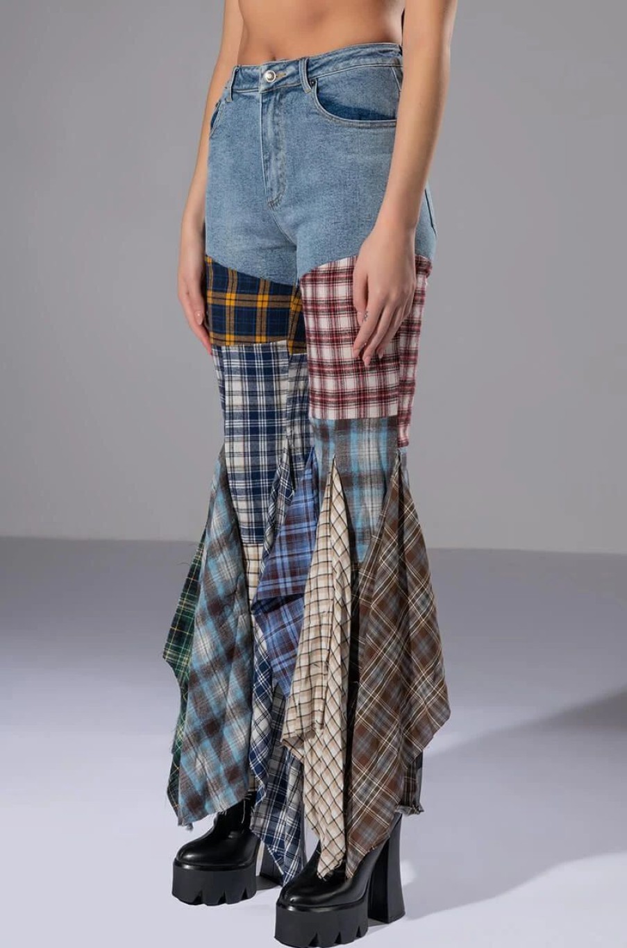 Denim * | Alexa Plaid Patchwork Flared Jeans Multi