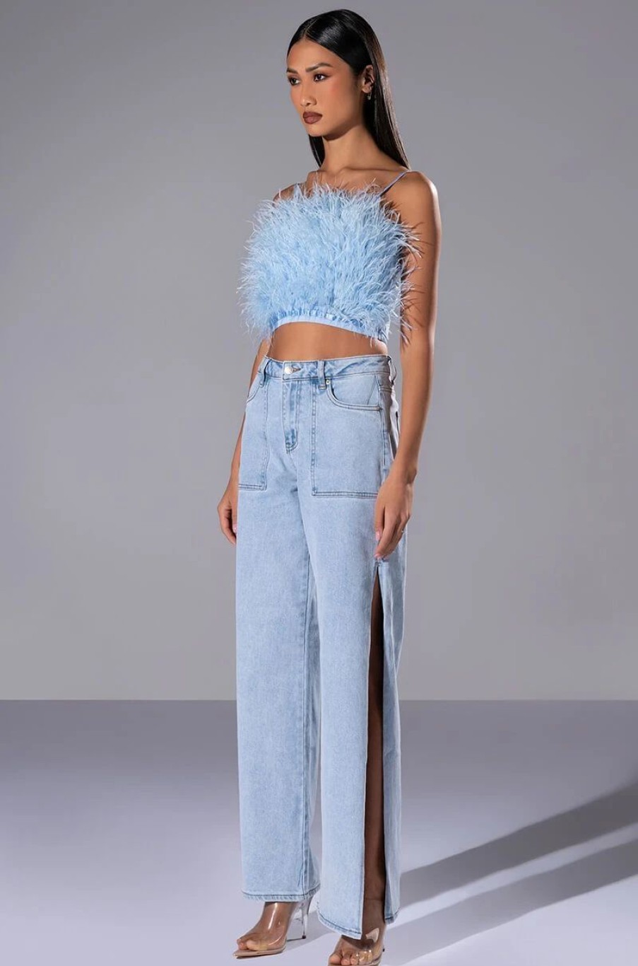 Crop Tops & Bralettes * | Real Ostrich Feather Top In Light Blue