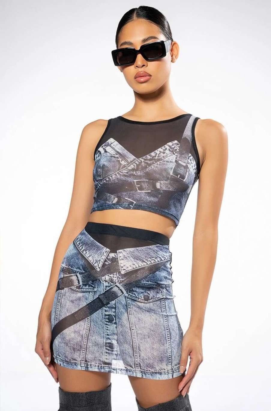 Crop Tops & Bralettes * | You Thought Wrong Denim Print Mesh Mini Skirt And Top Set Blue